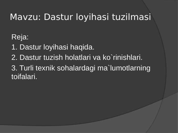 Prezintatsiya. Dastur loyihasi tuzilmasi