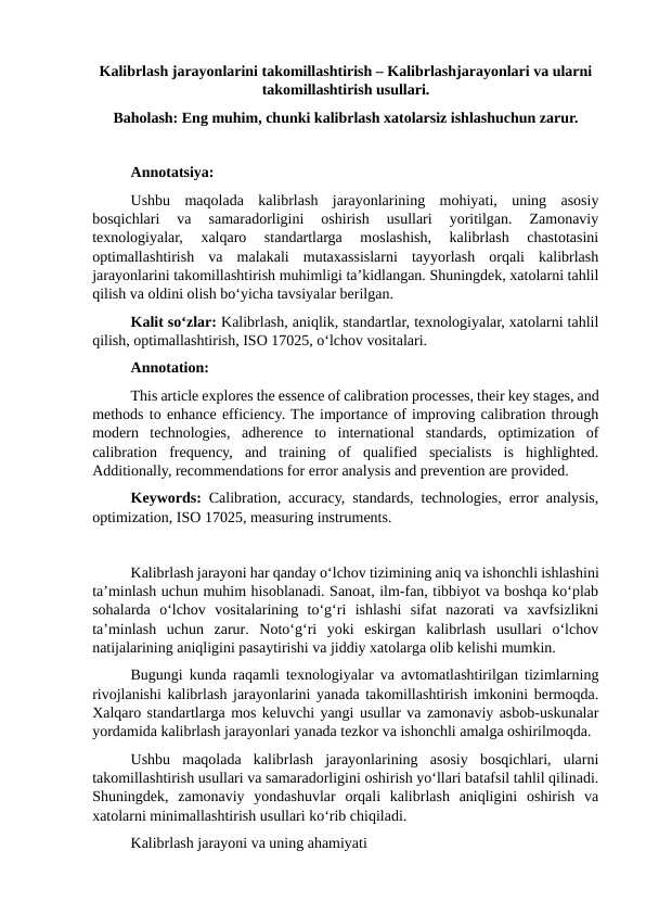 Kalibrlash jarayonlarini takomillashtirish – Kalibrlashjarayonlari va ularni takomillashtirish usullari.