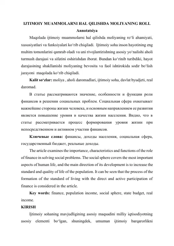 IJTIMOIY MUAMMOLARNI HAL QILISHDA MOLIYANING ROLI