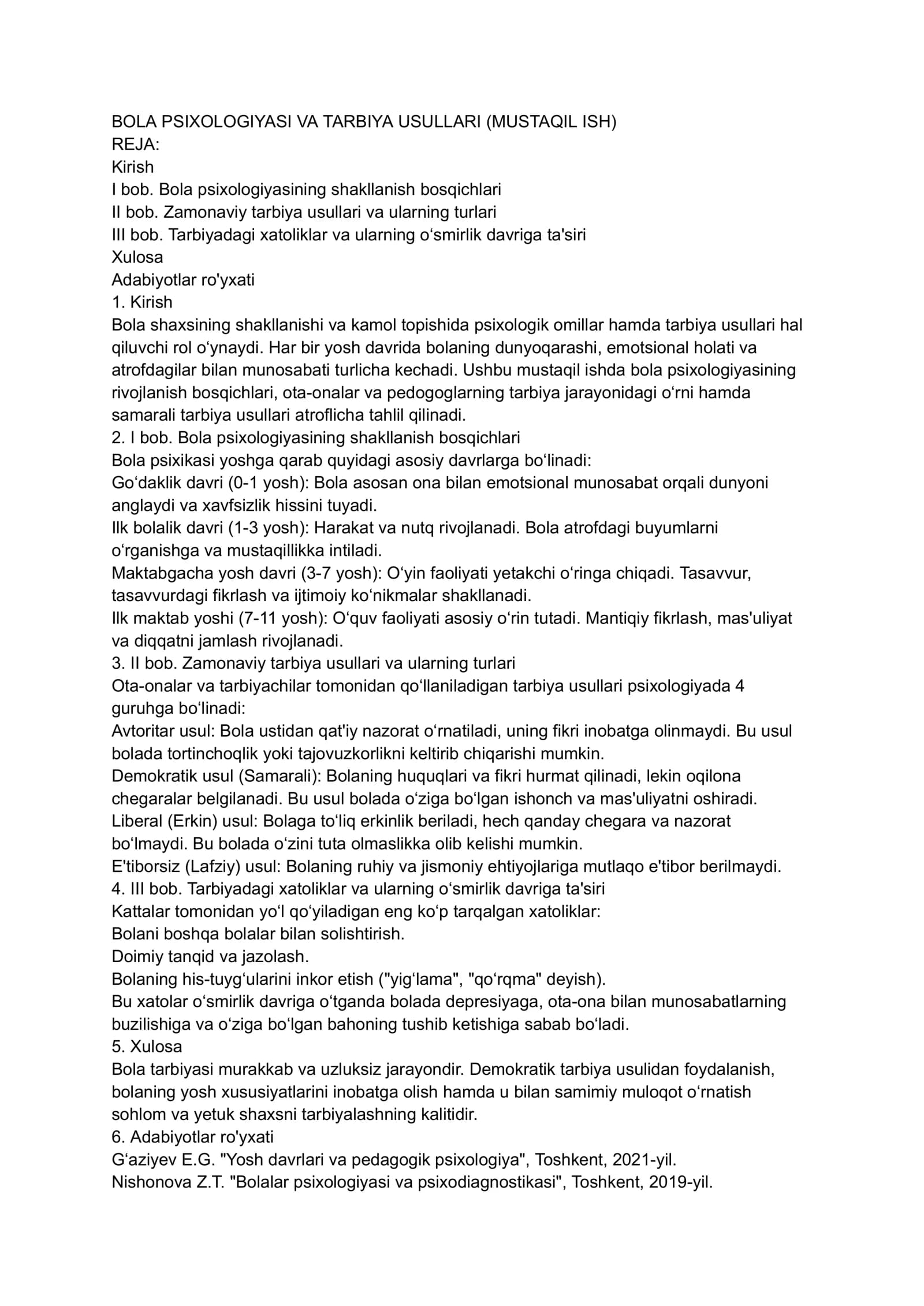 BOLA PSIXOLOGIYASI VA TARBIYA USULLARI (MUSTAQIL ISH)