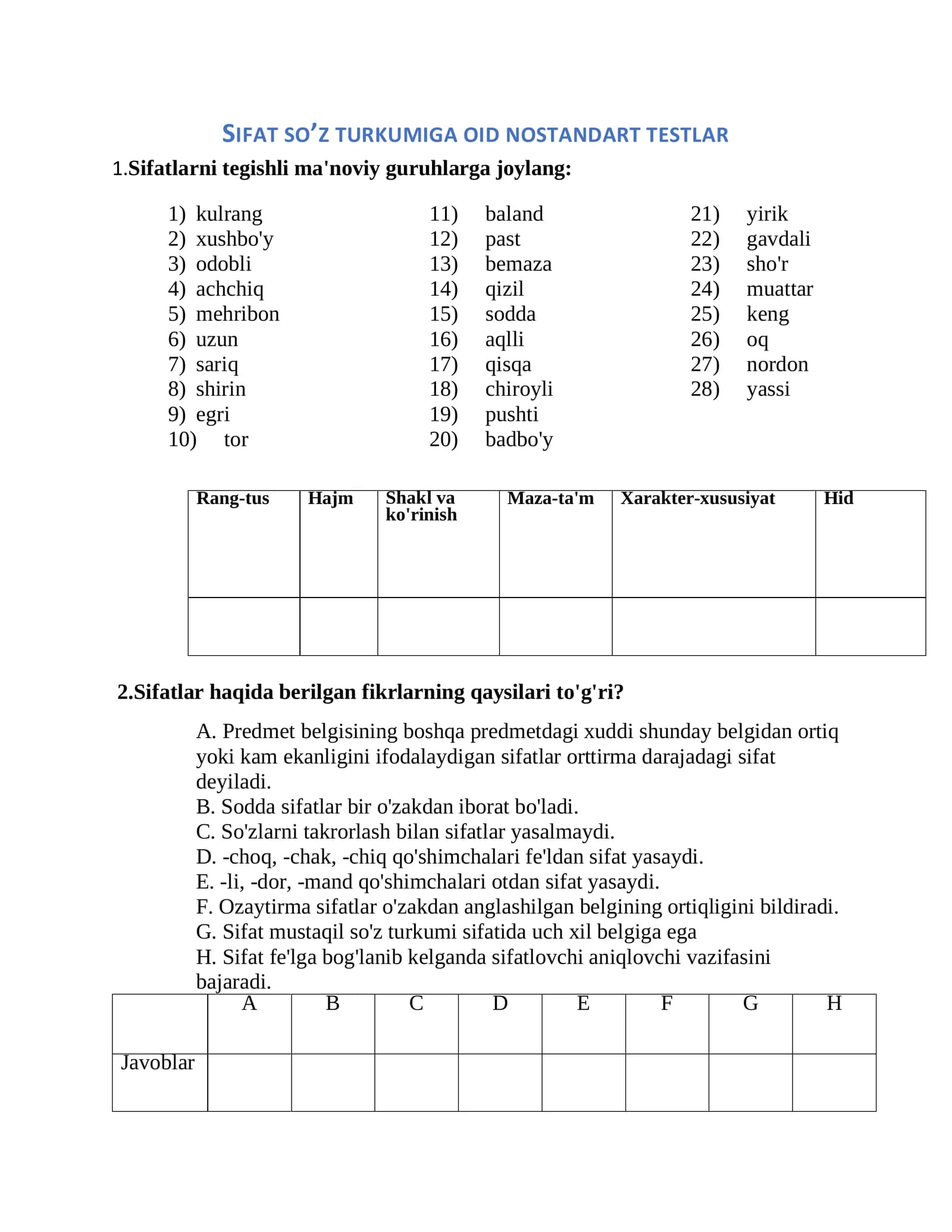 Sifat so'z turkumiga oid nostandart testlar