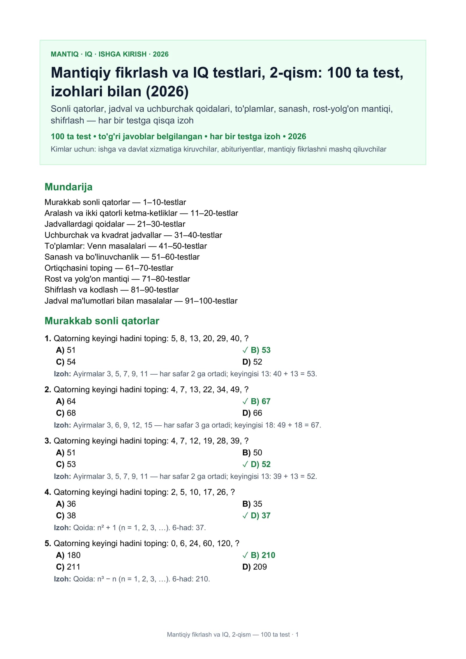 Mantiqiy fikrlash va IQ, 2-qism — 100 ta test · 1