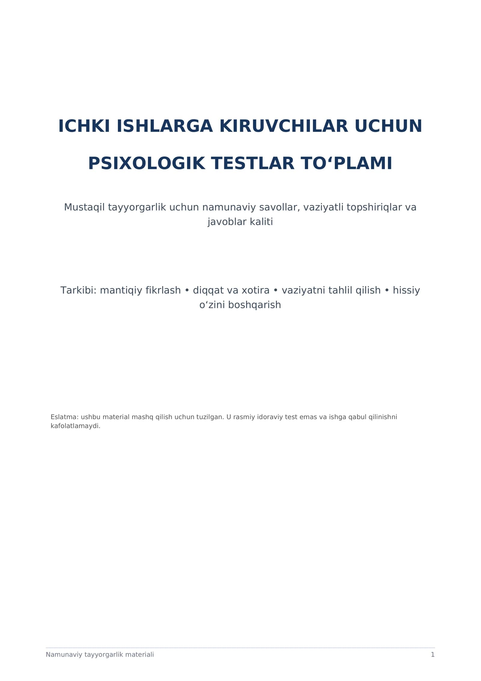 ICHKI ISHLARGA KIRUVCHILAR UCHUN PSIXOLOGIK TESTLAR TO‘PLAMI