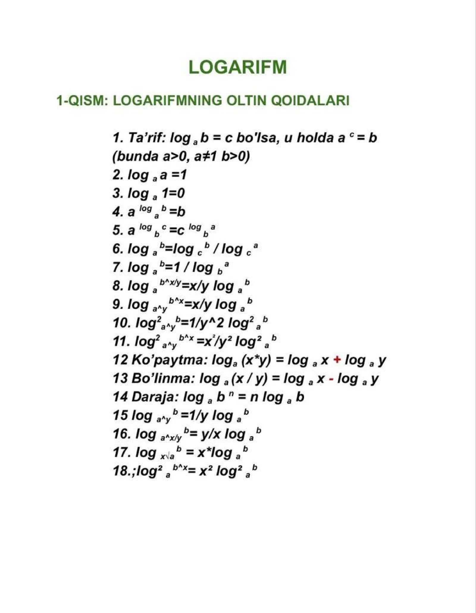 Logarifm: 50 ta mavzulashtirilgan testlar to'plami va oltin qoidalar"