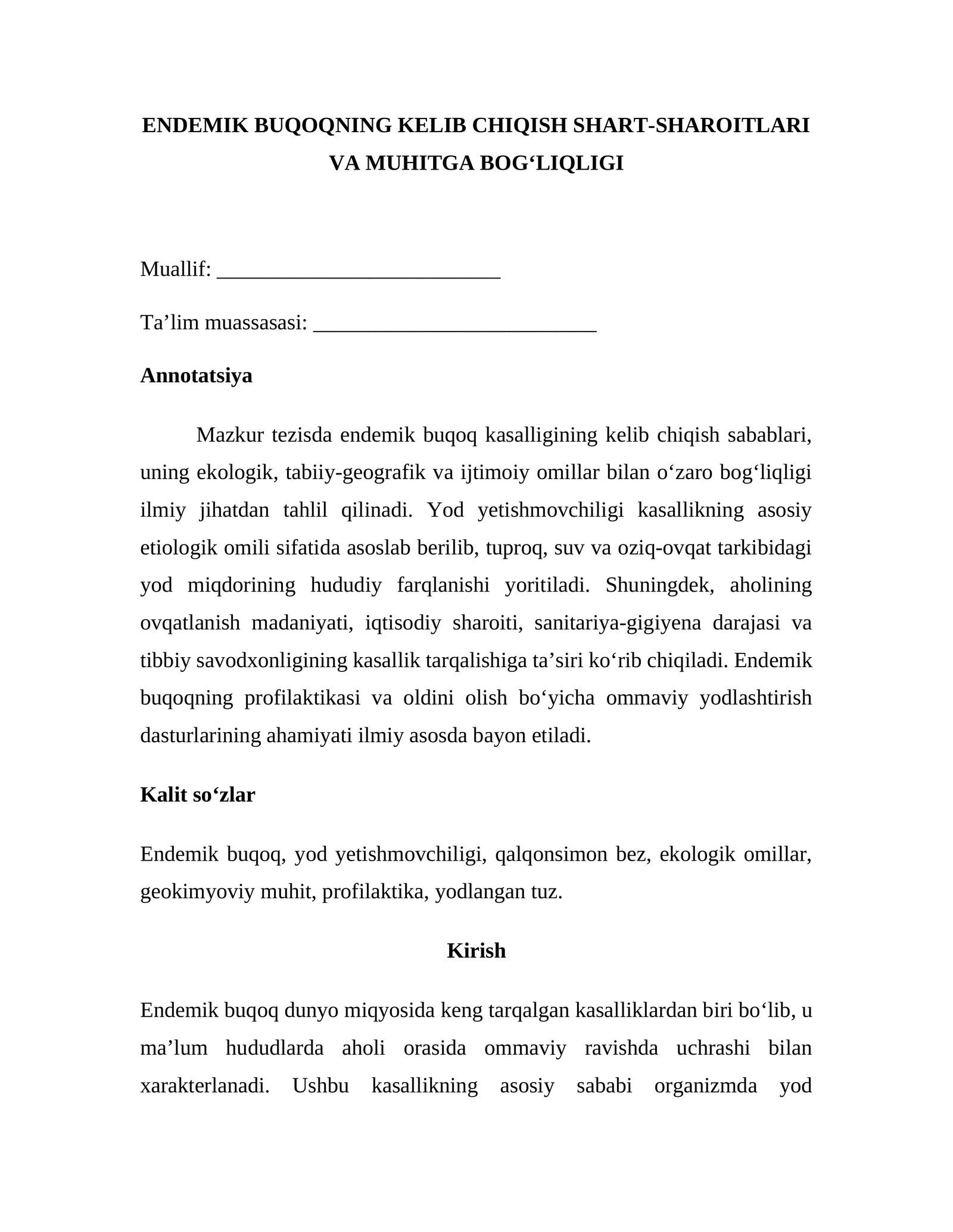 ENDEMIK BUQOQNING KELIB CHIQISH SHART-SHAROITLARI VA MUHITGA BOG‘LIQLIGI