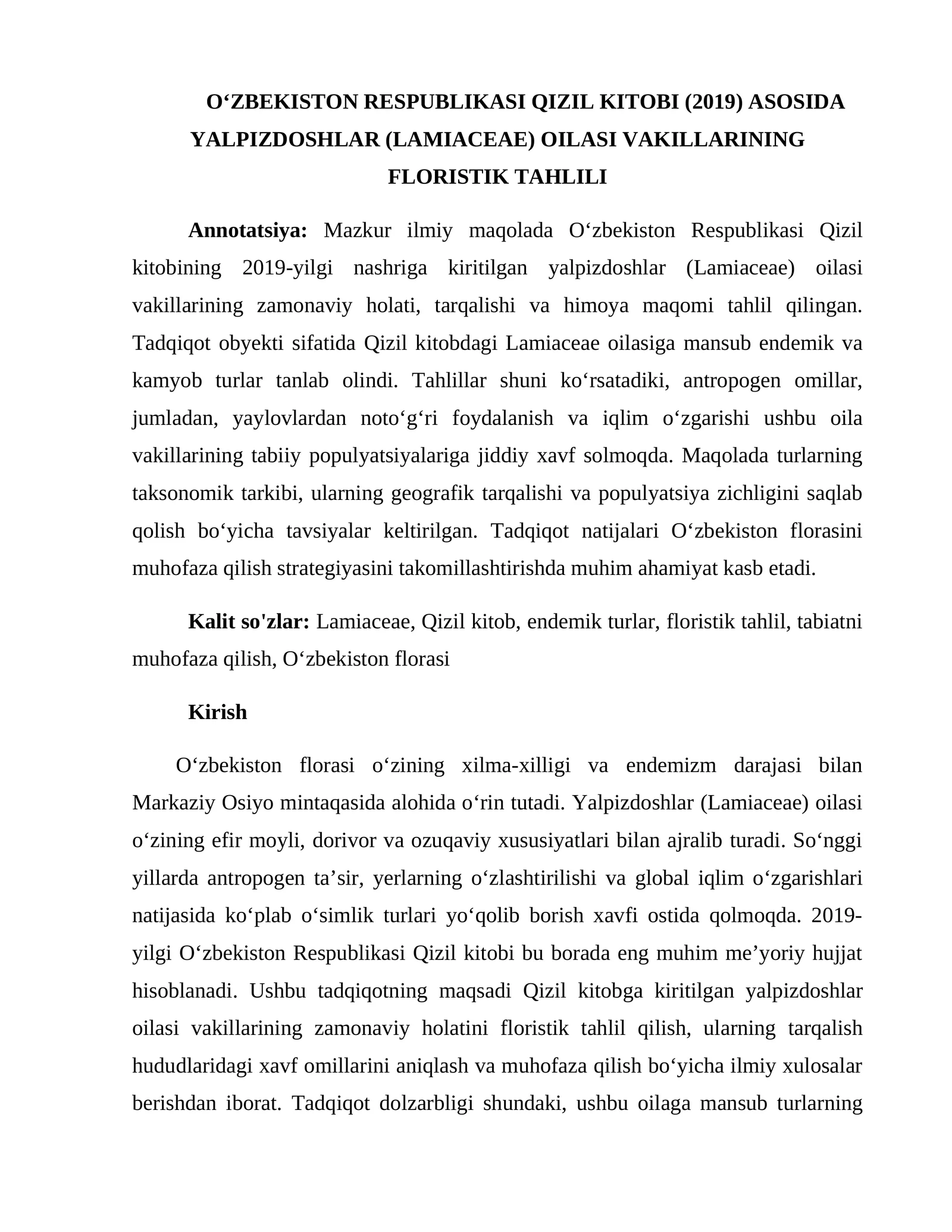 OʻZBEKISTON RESPUBLIKASI QIZIL KITOBI (2019) ASOSIDA YALPIZDOSHLAR (LAMIACEAE) OILASI VAKILLARINING FLORISTIK TAHLILI