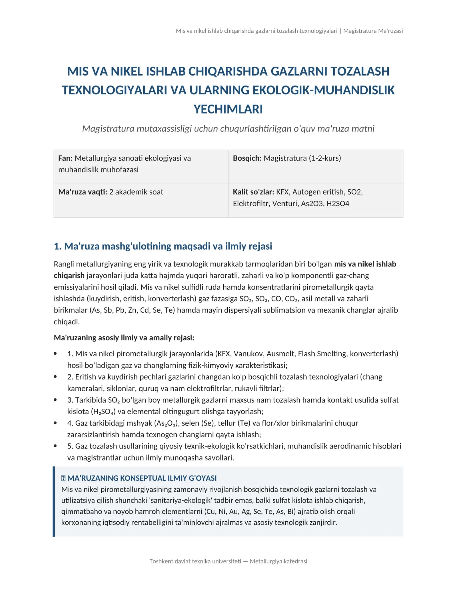 Mis va nikel ishlab chiqarishda gazlarni tozalash texnologiyalari va ularning ekologik-muhandislik yechimlari