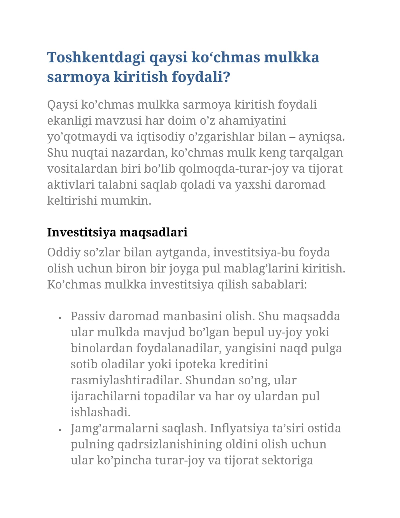 Toshkentdagi qaysi ko‘chmas mulkka sarmoya kiritish foydali?