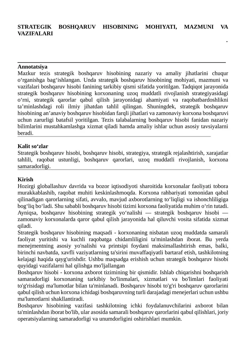 Strategik boshqaruv hisobining mohiyati, mazmuni va vazifalari