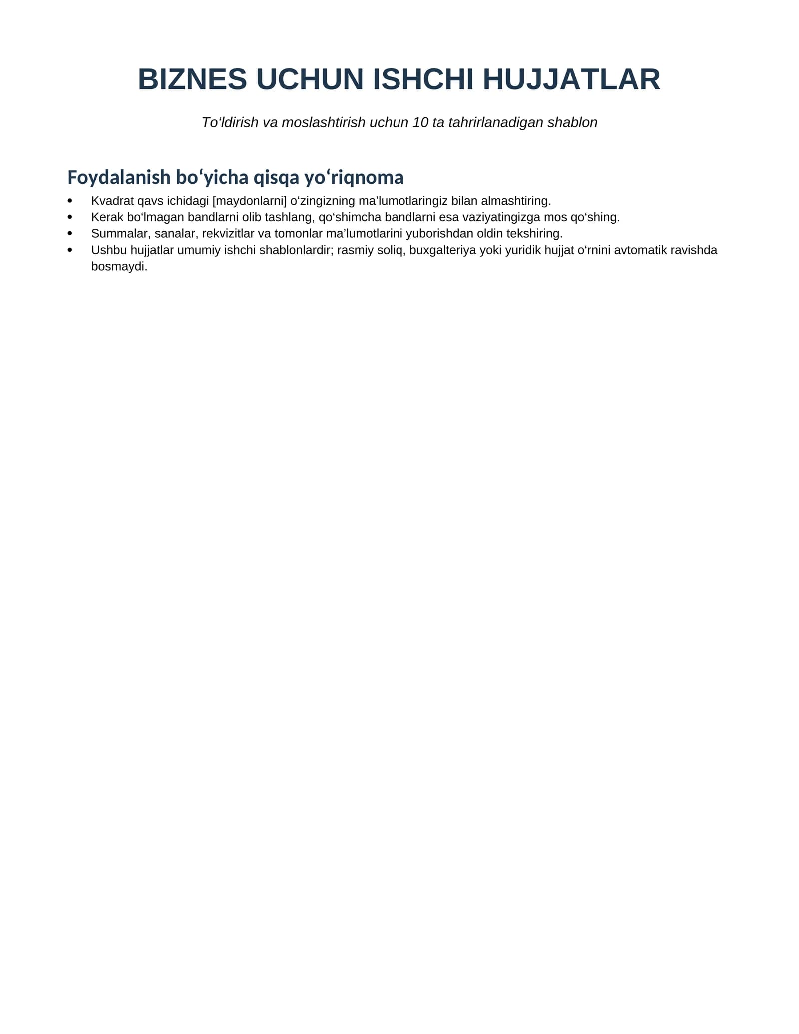 Biznes uchun 10 ta tayyor hujjat shabloni — Word va PDF