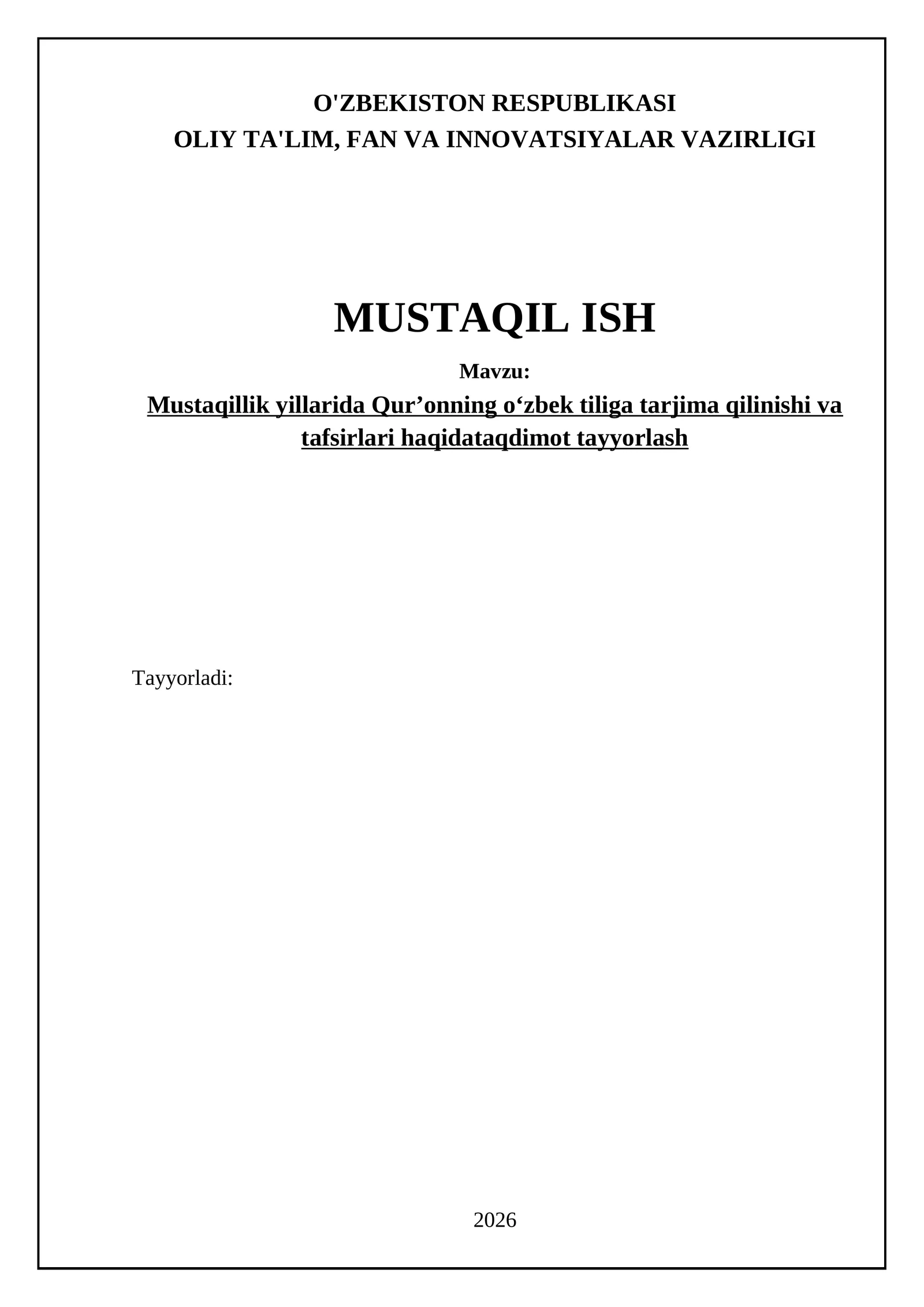 Mustaqillik yillarida Qur’onning oʻzbek tiliga tarjima qilinishi va tafsirlari haqidataqdimot tayyorlash