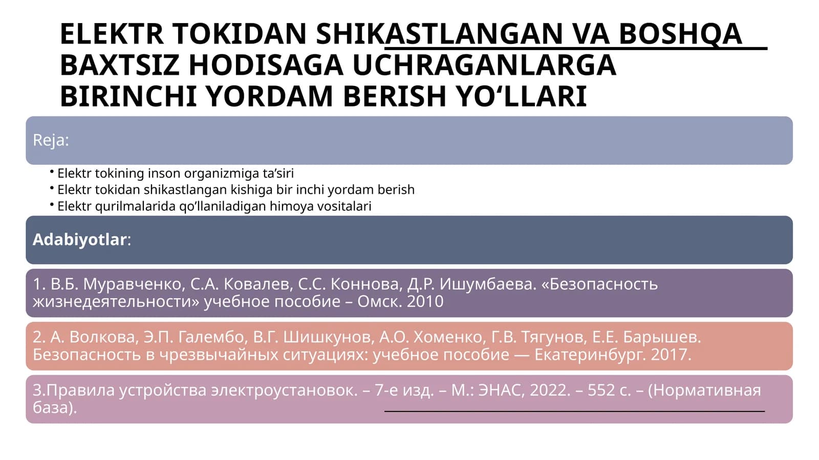 Elektr tokidan shikastlangan va boshqa baxtsiz hodisaga uchraganlarga birinchi yordam berish yo‘llari