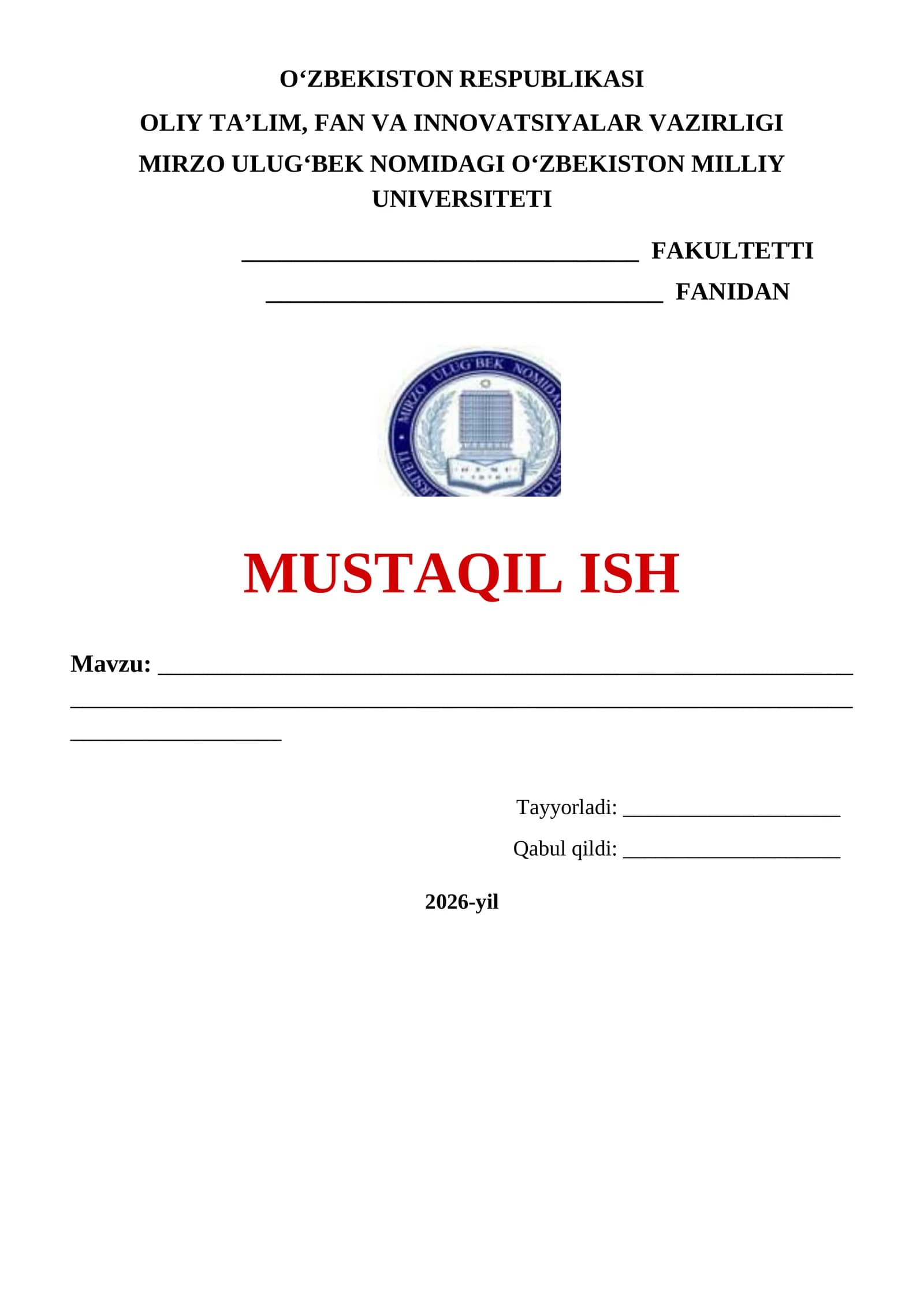 Oʻzbekiston milliy universiteti mustaqil ish yuzi
