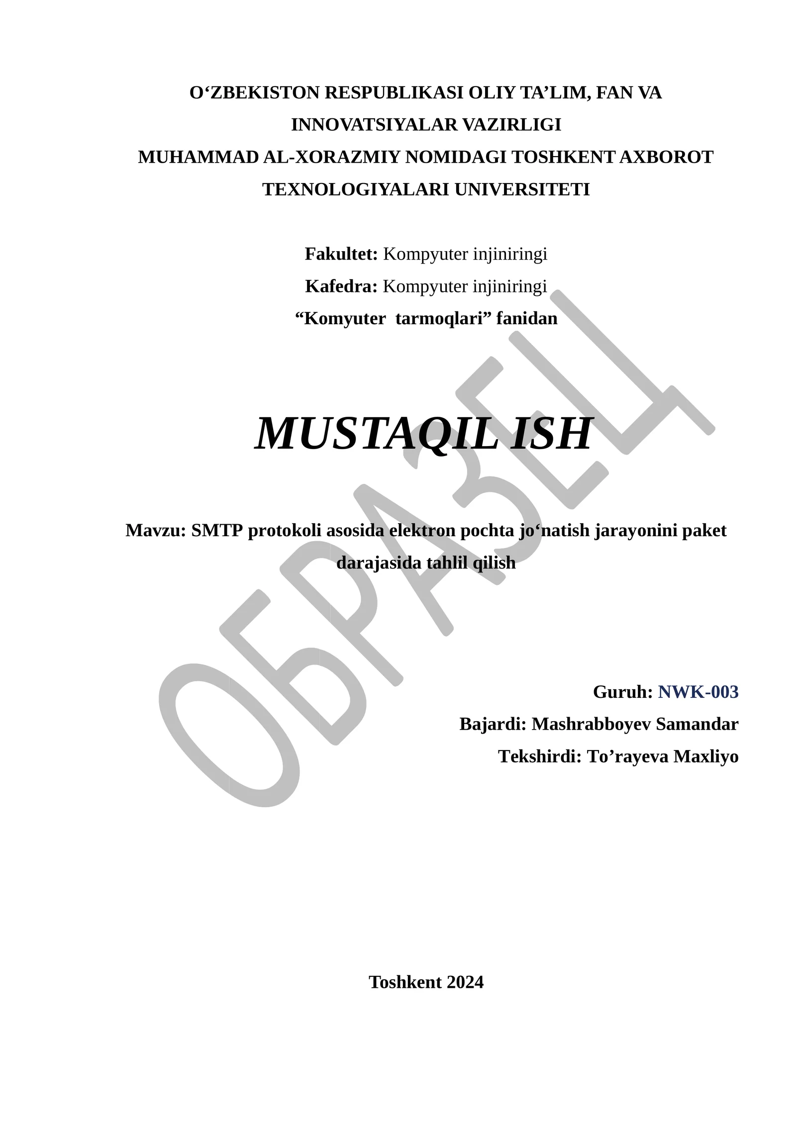 SMTP protokoli asosida elektron pochta jo‘natish jarayonini paket darajasida tahlil qilish