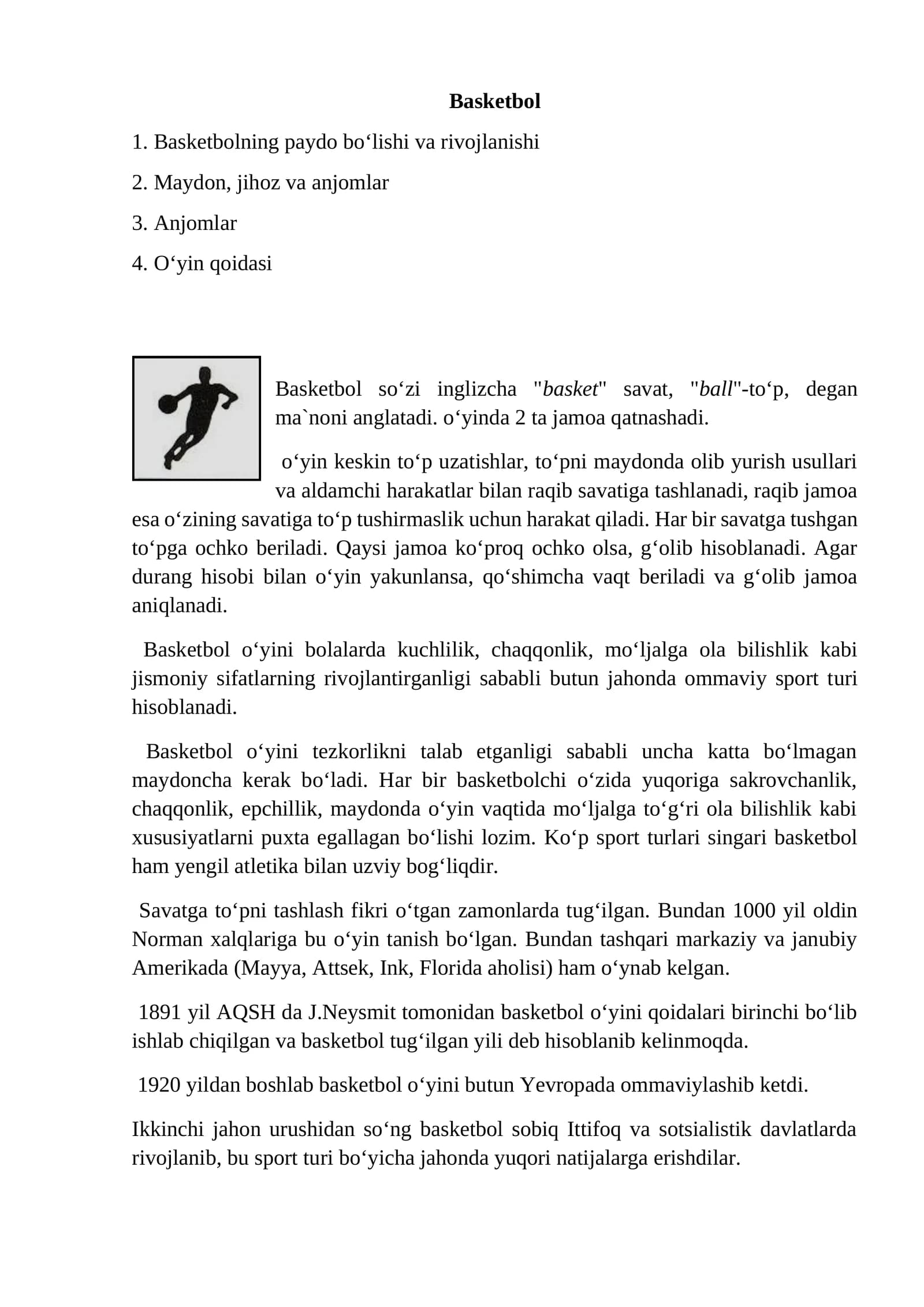 Basketbol sport o‘yini haqida Basketbol o‘yin texnikasi va taktikasi
