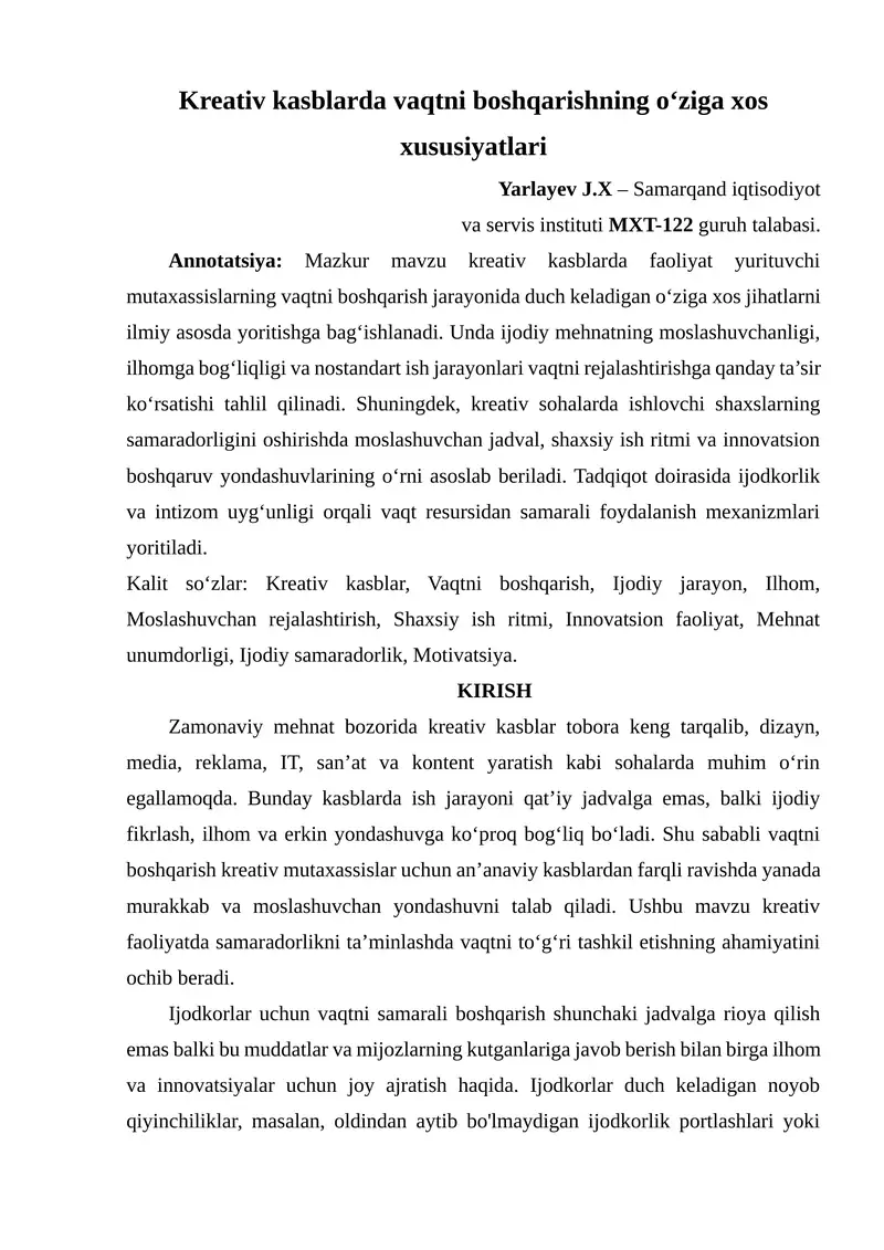 Kreativ kasblarda vaqtni boshqarishning o‘ziga xos xususiyatlari