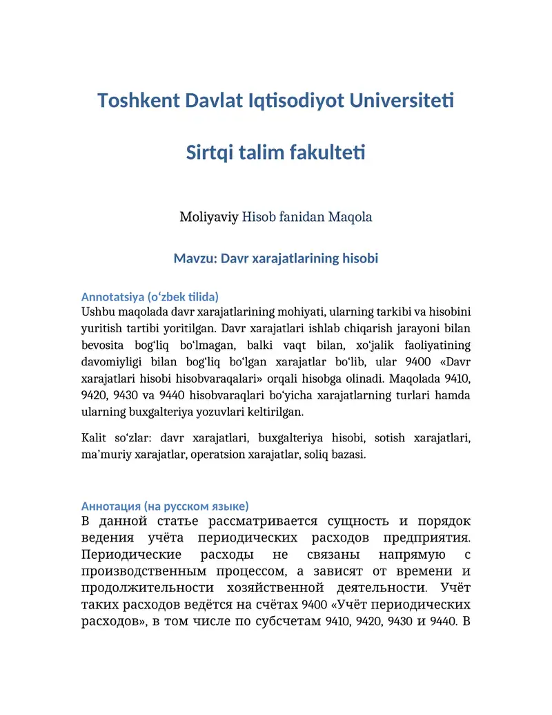 Davr xarajatlarining hisobi