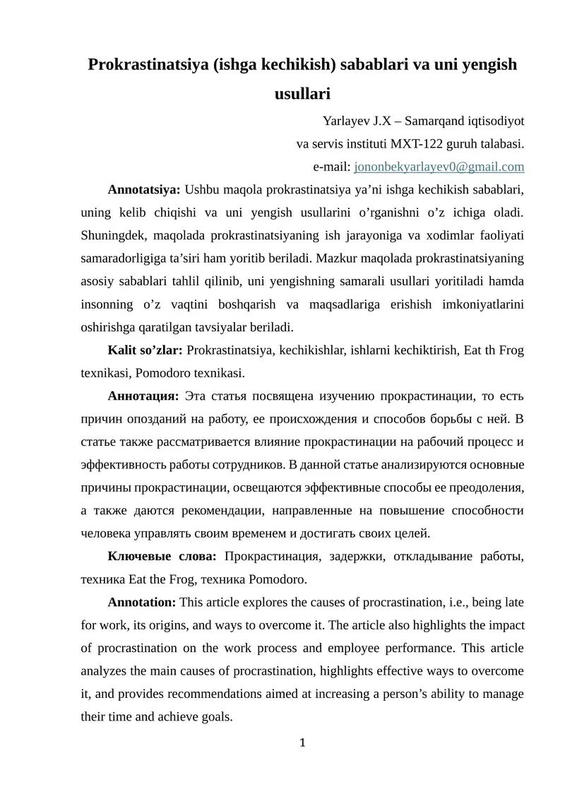 Prokrastinatsiya (ishga kechikish) sabablari va uni yengish usullari