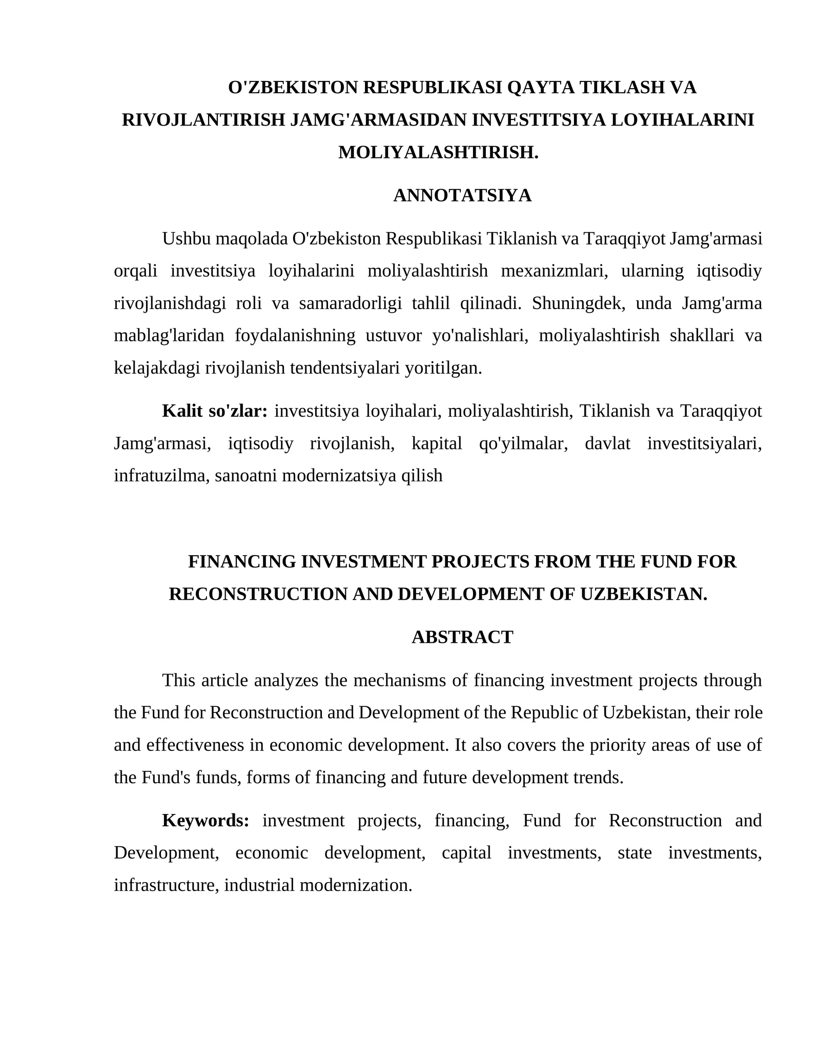 FINANCING INVESTMENT PROJECTS FROM THE FUND FOR RECONSTRUCTION AND DEVELOPMENT OF UZBEKISTAN.