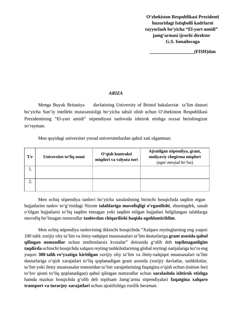 El yurt umidi  Ariza Namuna.