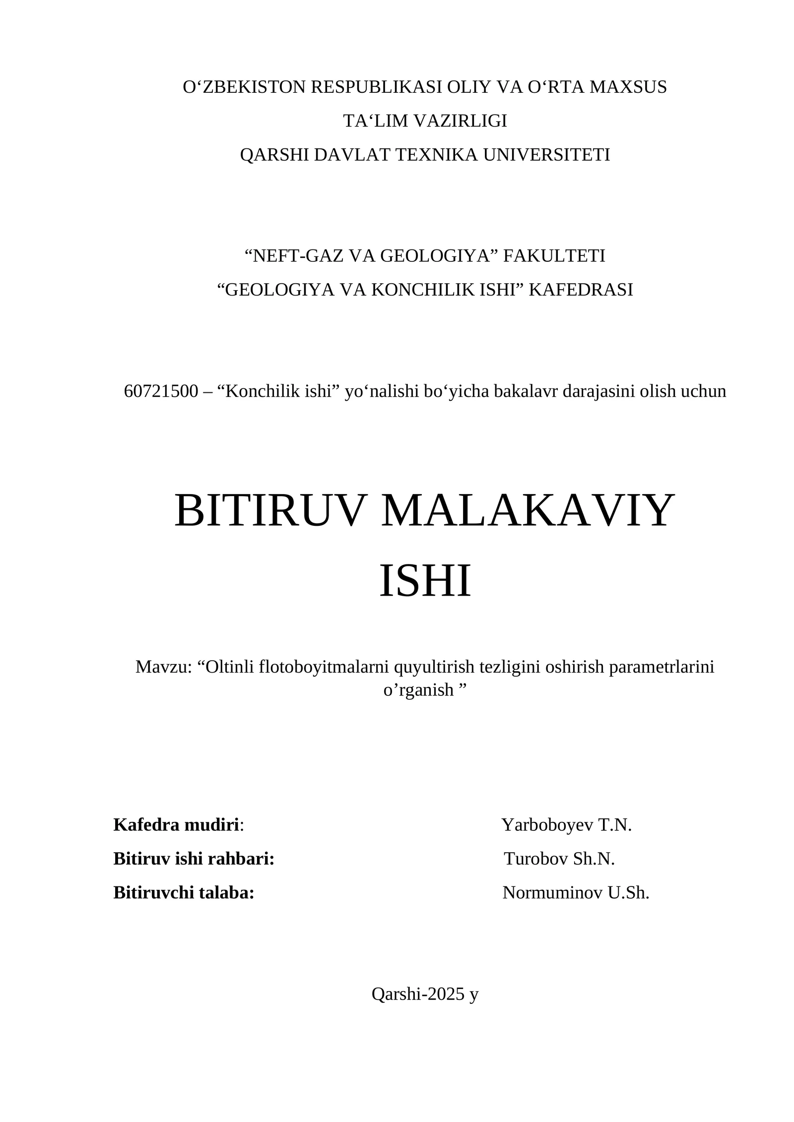 “Oltinli flotoboyitmalarni quyultirish tezligini oshirish parametrlarini o’rganish”