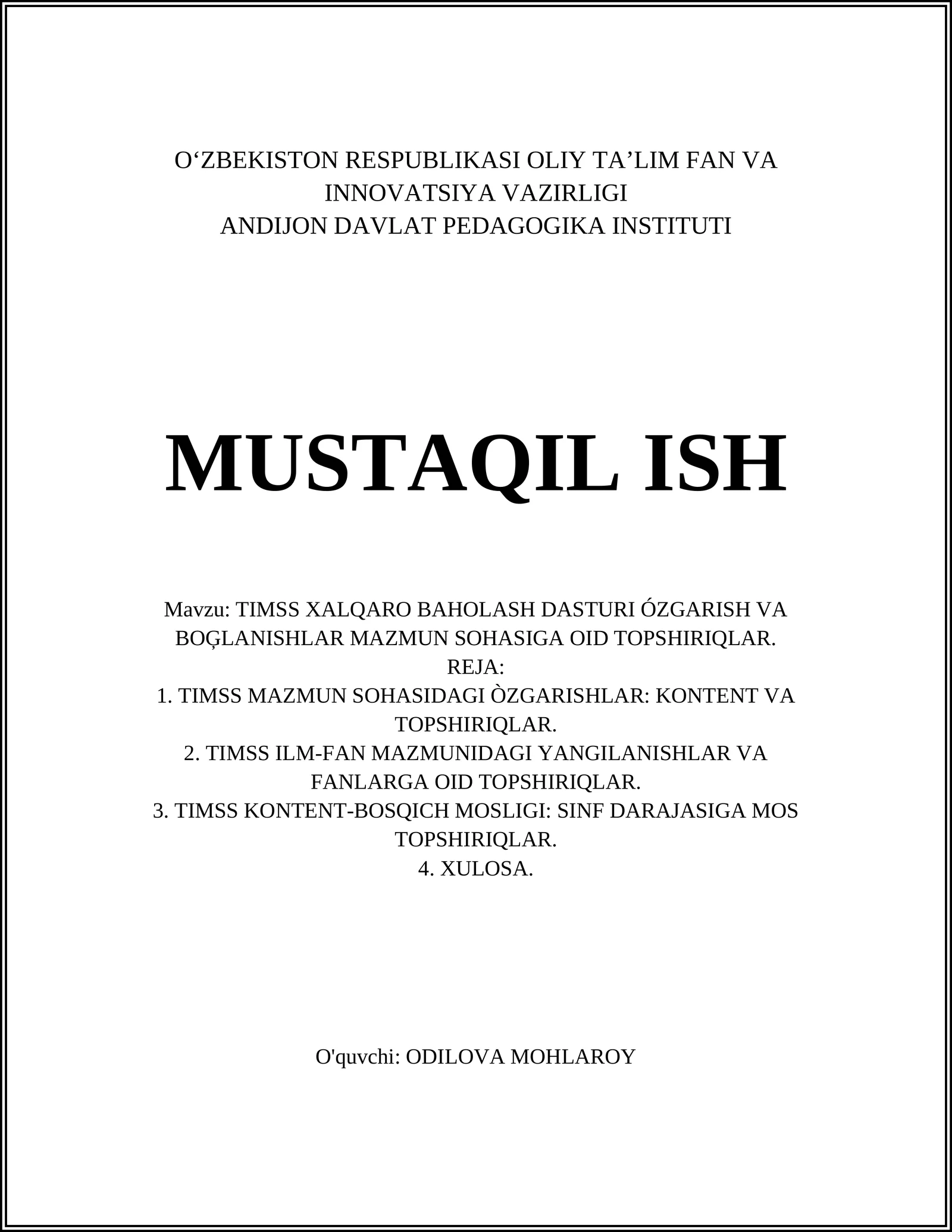 TIMSS XALQARO BAHOLASH DASTURI ÓZGARISH VA BOĢLANISHLAR MAZMUN SOHASIGA OID TOPSHIRIQLAR