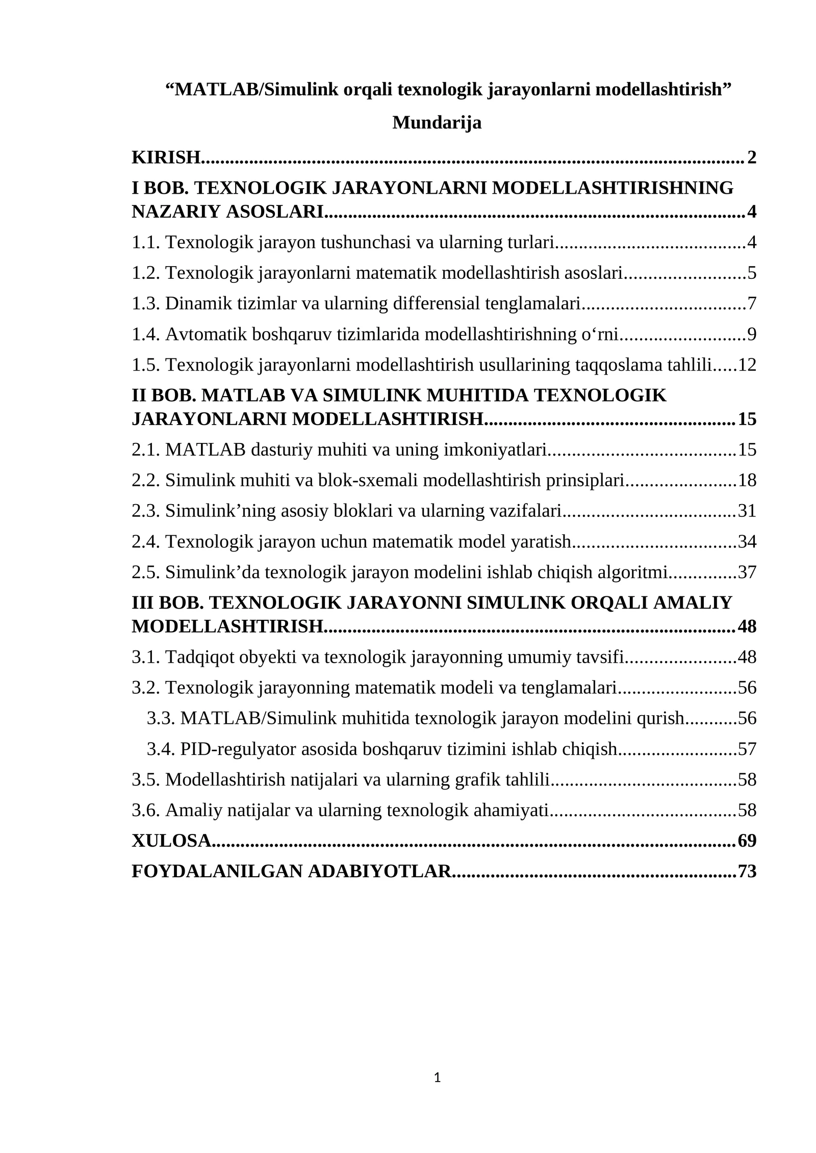 BMI Matlabda texnologik jarayonlarni modellashtirish