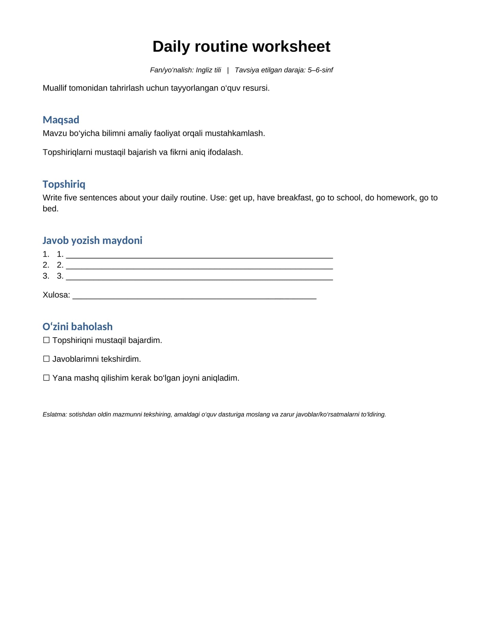 Daily routine worksheet