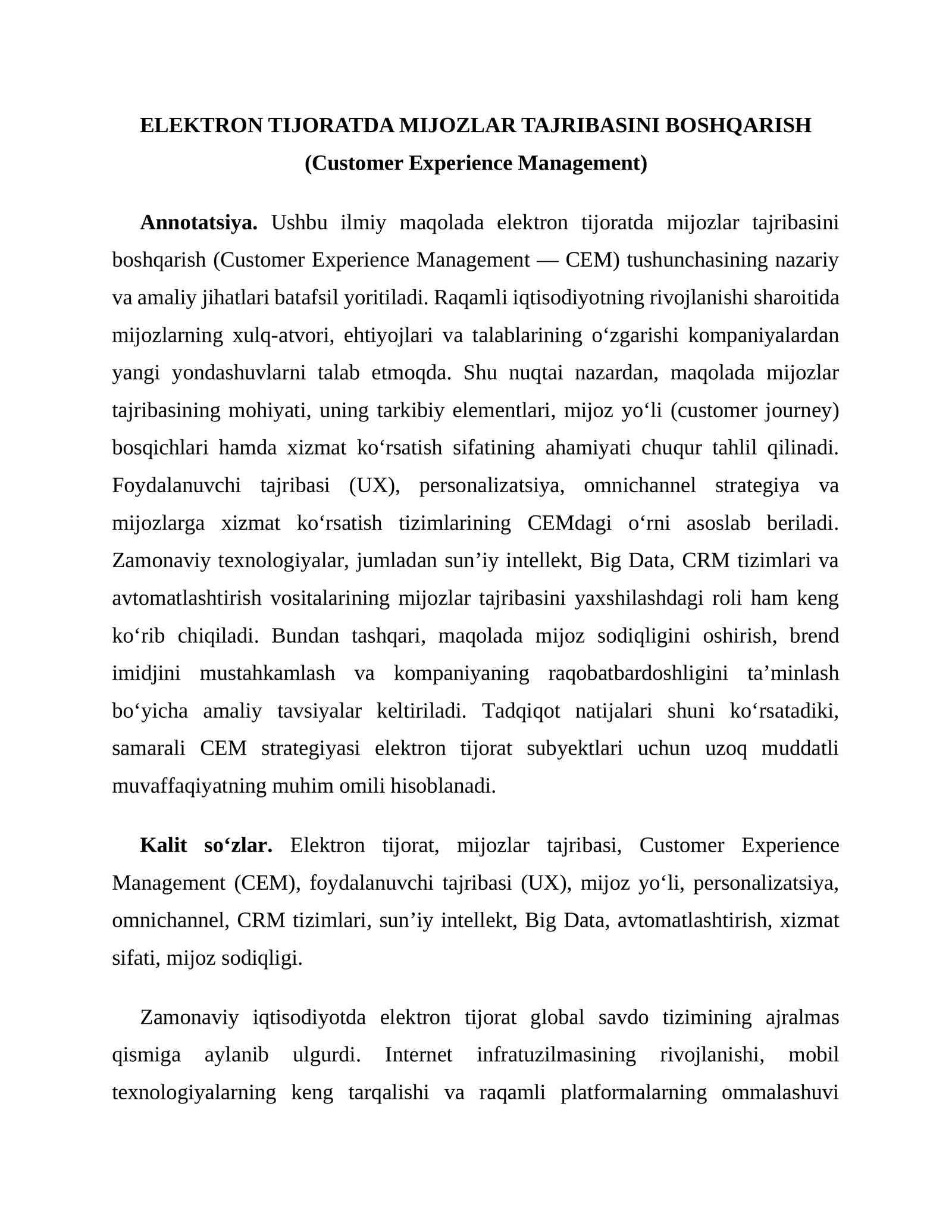 ELEKTRON TIJORATDA MIJOZLAR TAJRIBASINI BOSHQARISH (Customer Experience Management)