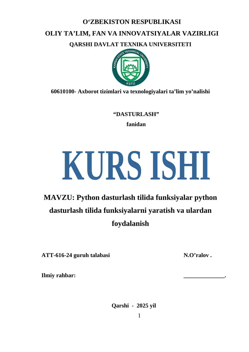 MAVZU Python dasturlash tilida funksiyalar python dasturlash tilida funksiyalarni yaratish va ulardan foydalanish