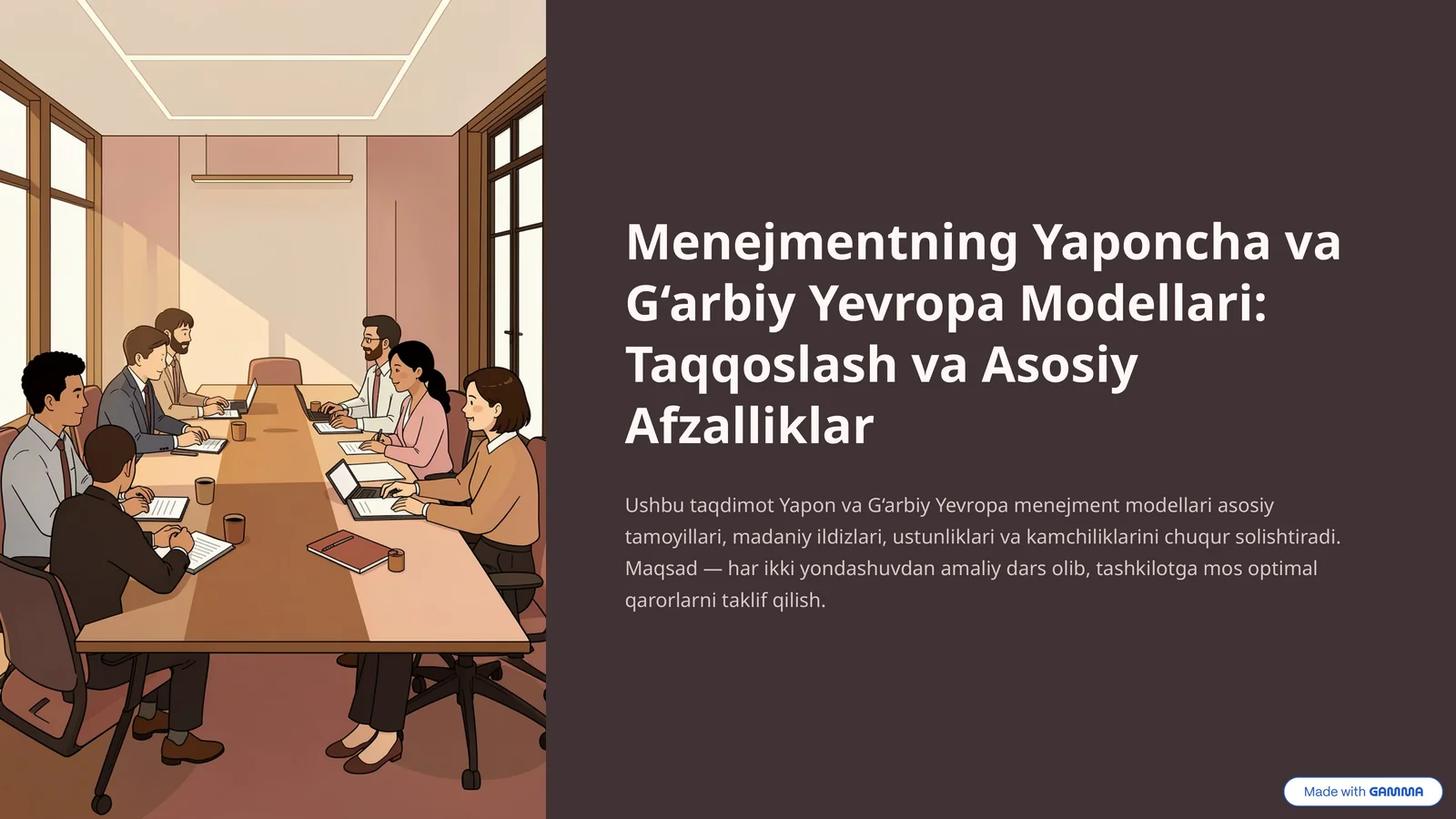Menejmentning Yaponcha va G‘arbiy Yevropa Modellari: Taqqoslash va Asosiy Afzalliklar mavzusida tayyor taqdimot