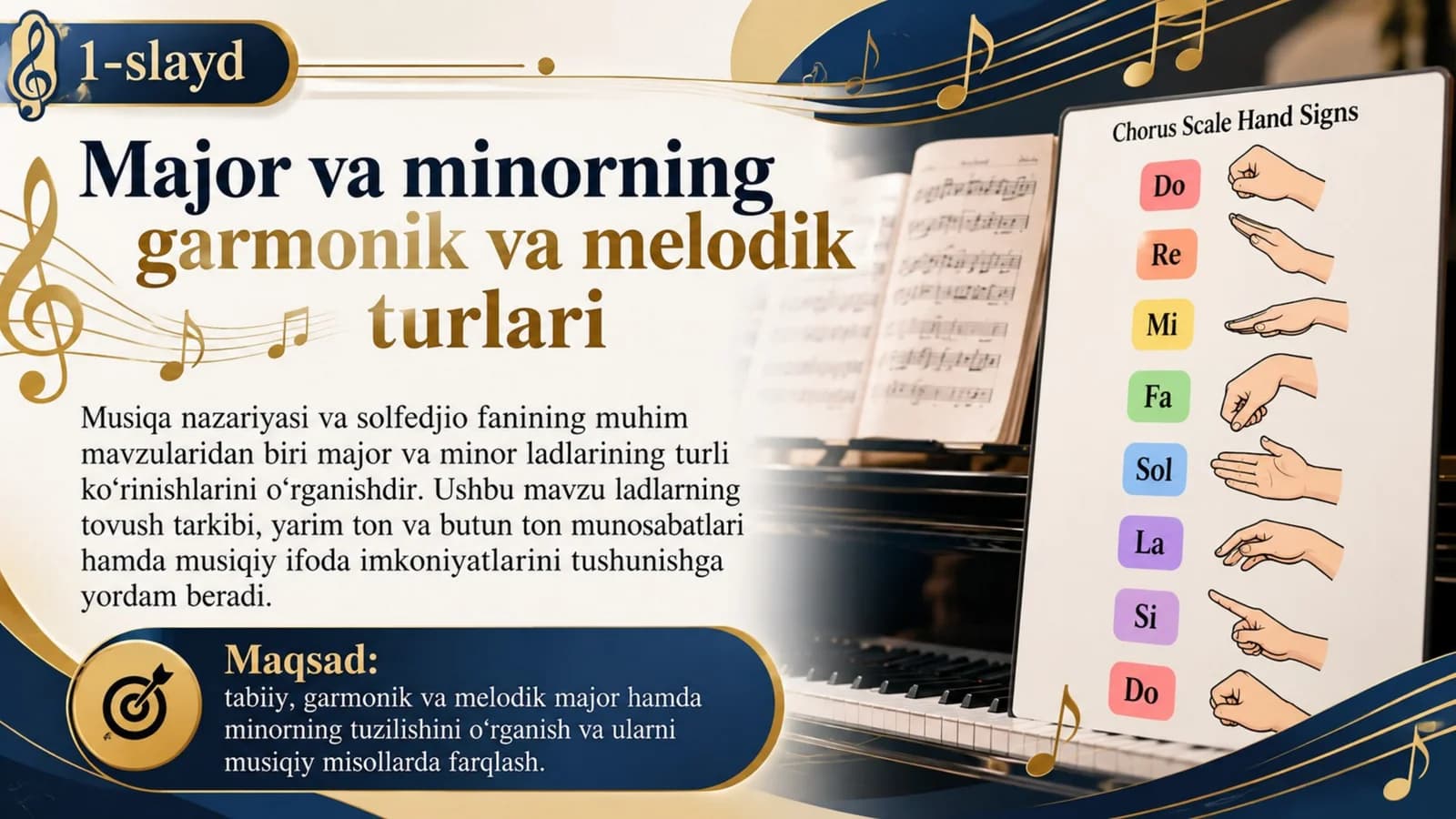 Musiqa nazariyasi va solfedjio — Major va minorning garmonik va melodik turlari | 15 slayd