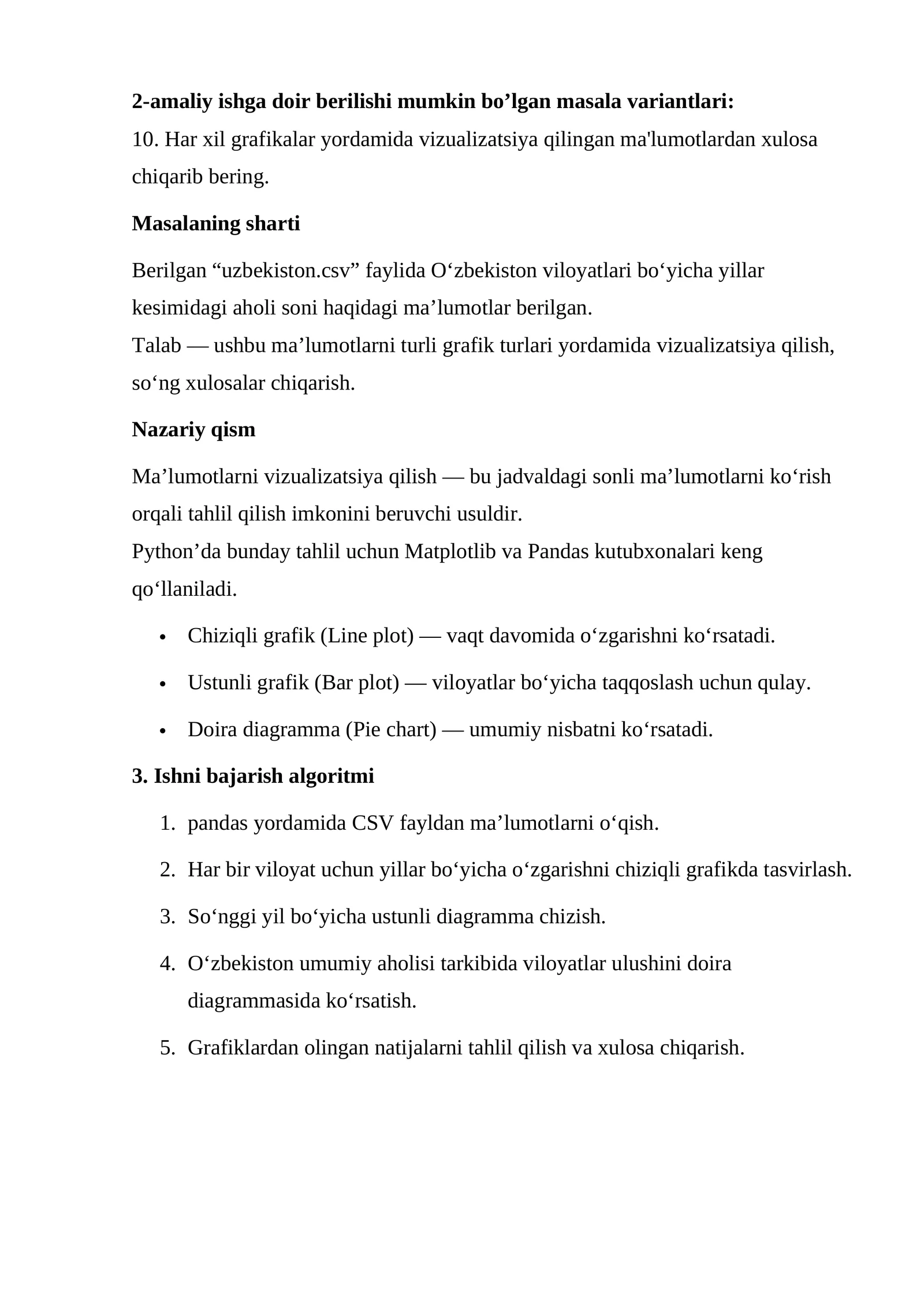 Har xil grafikalar yordamida vizualizatsiya qilingan ma'lumotlardan xulosa chiqarib bering.